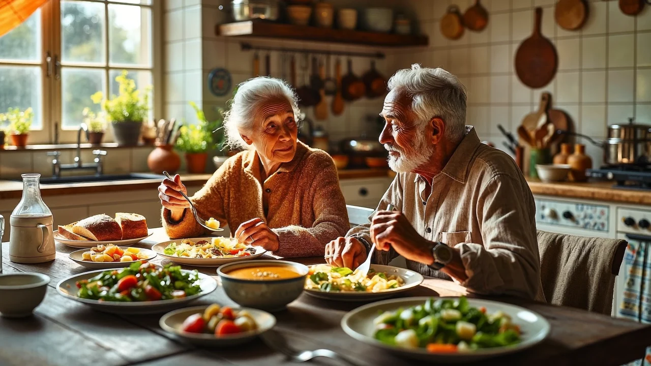 Coppia di anziani a tavola in una cucina luminosa con zuppa, pane e insalata
