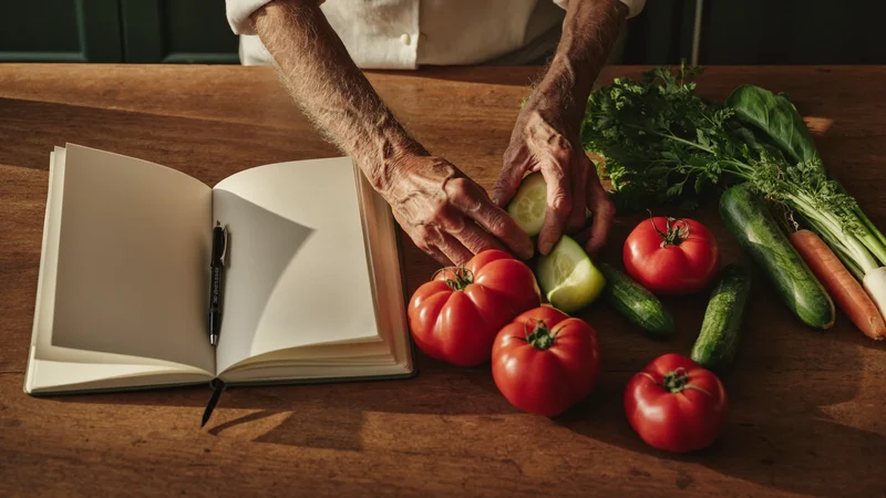 Mani di un anziano dispongono verdure di stagione accanto a quaderno e penna