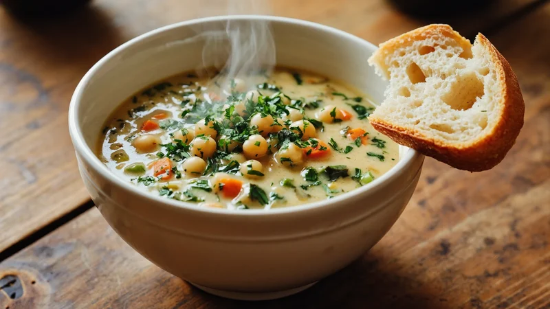 Zuppa cremosa di verdure e ceci con una fetta di pane morbido