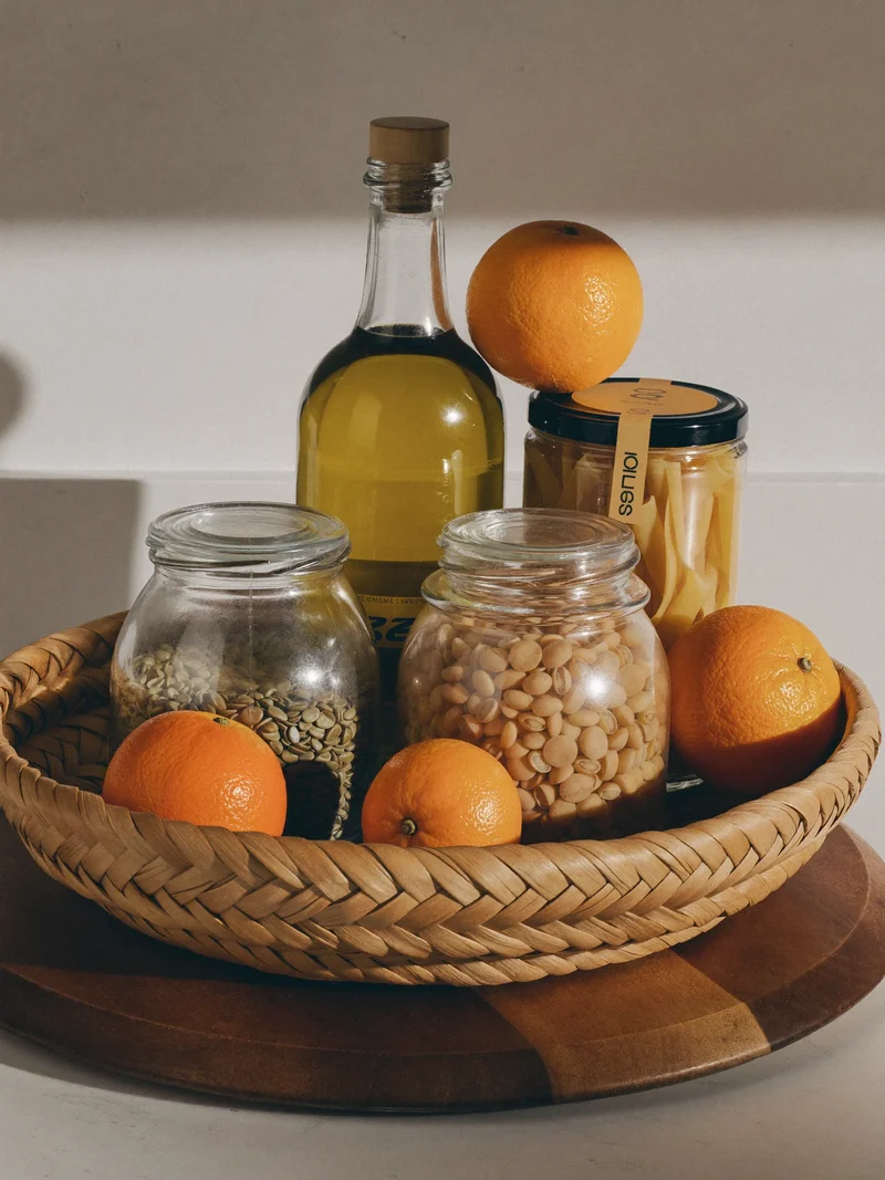 Cesto con lenticchie, pasta integrale, olio extravergine e arance di stagione