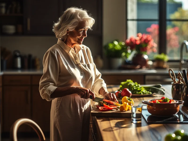 Anziana taglia verdure su un tagliere in una cucina luminosa