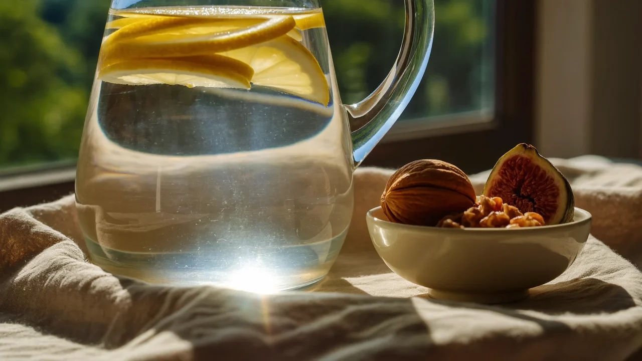 Caraffa d'acqua con limone, noci e fichi secchi su un telo di lino