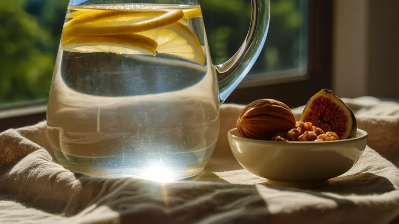 Caraffa d'acqua con limone, noci e fichi secchi su un telo di lino